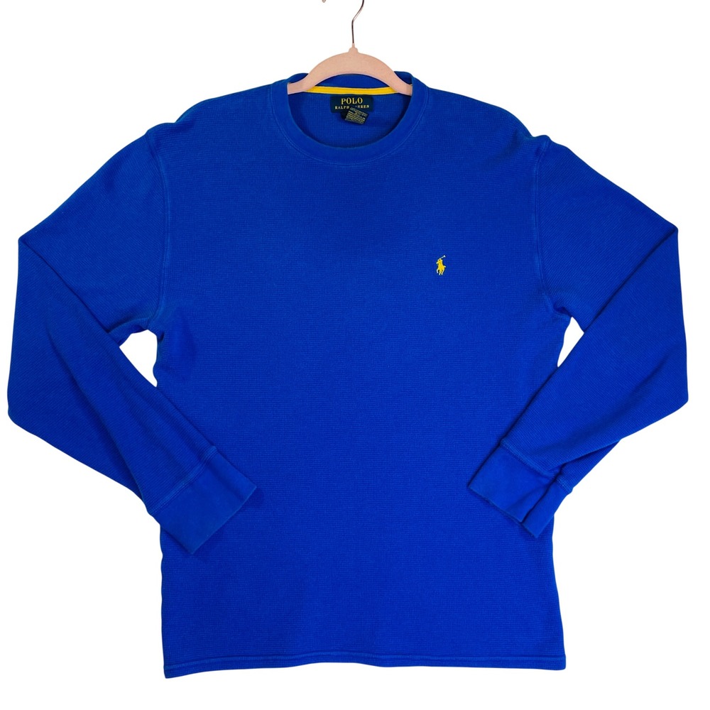 Polo Ralph Lauren Large Blue Waffle Knit Thermal Long Sleeve Shirt Yellow Pony